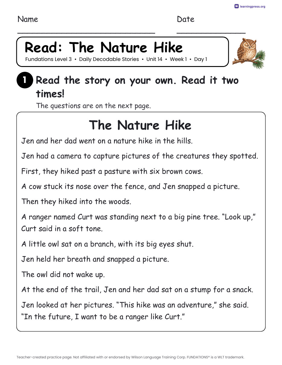 Preview page 1 of Fundations Level 3 Unit 14 Daily Decodable Stories