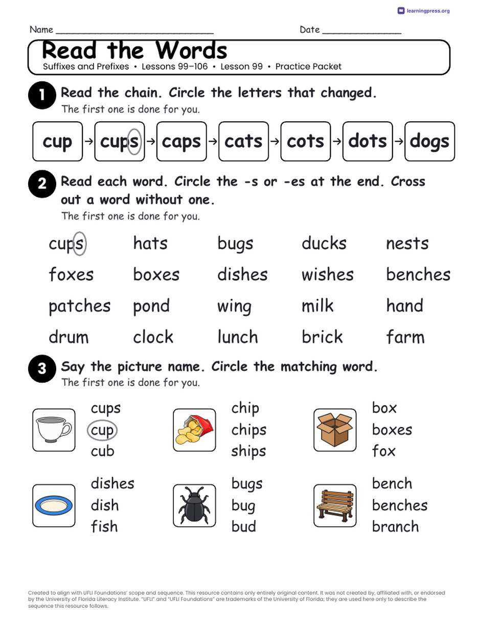 Preview page 2 of Suffixes and Prefixes Unit Bundle · Lessons 99–106