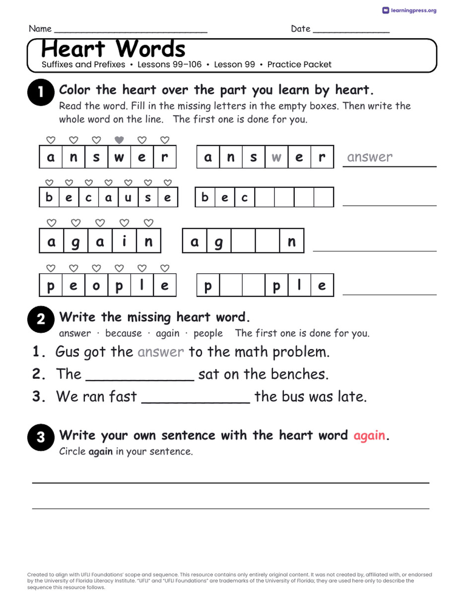 Preview page 3 of Suffixes and Prefixes Unit Bundle · Lessons 99–106