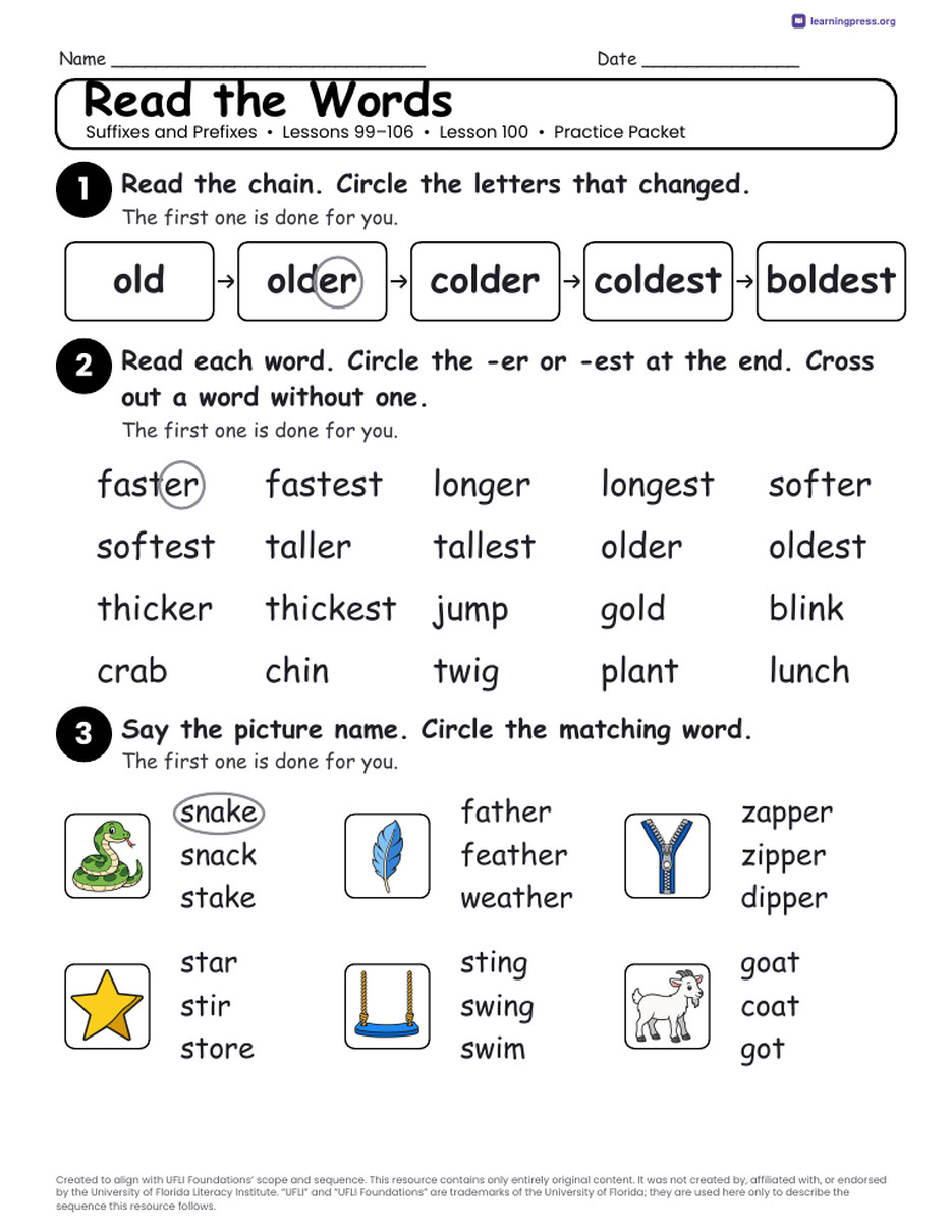 Preview page 4 of Suffixes and Prefixes Unit Bundle · Lessons 99–106