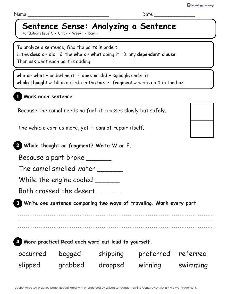 Preview page 2 of Fundations Level 5 Unit 7 Daily Lesson Work Pages