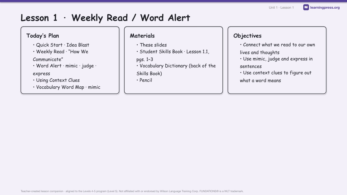 Preview page 1 of Fundations Level 5 Unit 1 Lesson Slides