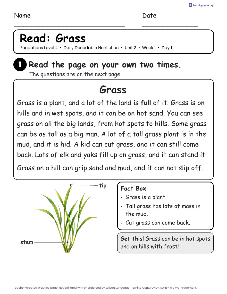 Preview page 1 of Fundations-Aligned Daily Decodable Nonfiction · Level 2 Unit 2
