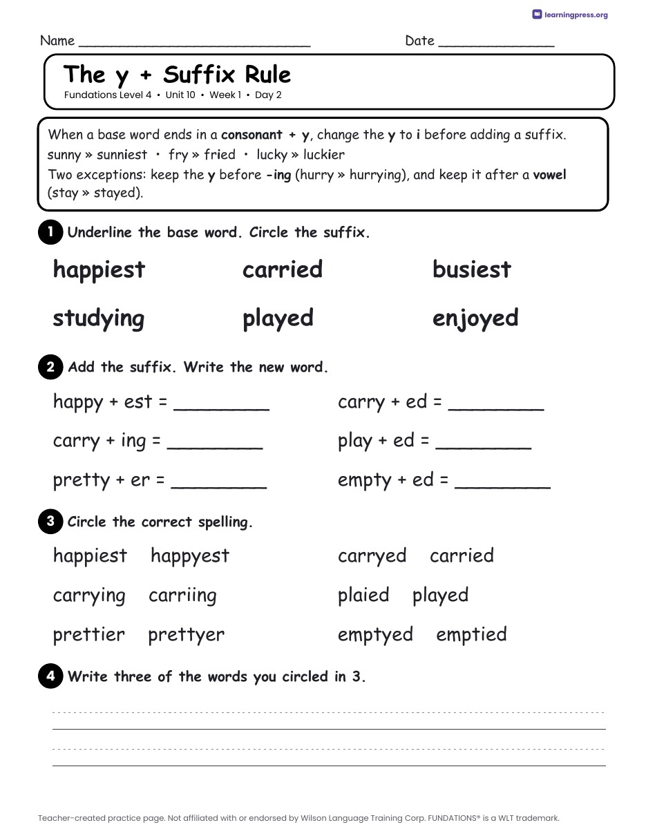 Preview page 1 of Fundations Level 4 Unit 10 Daily Lesson Work Pages