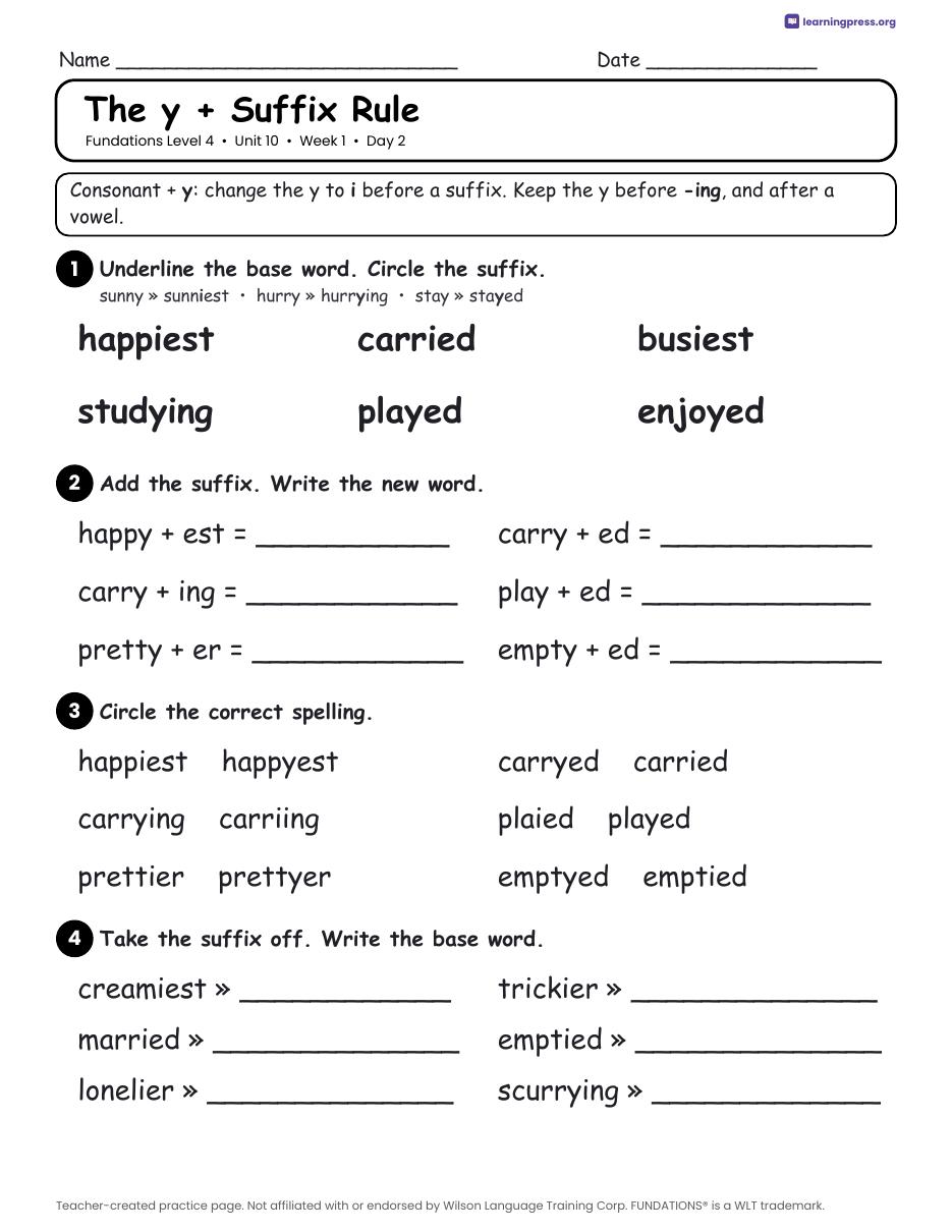 Preview page 1 of Fundations Level 4 Unit 10 Daily Lesson Work Pages