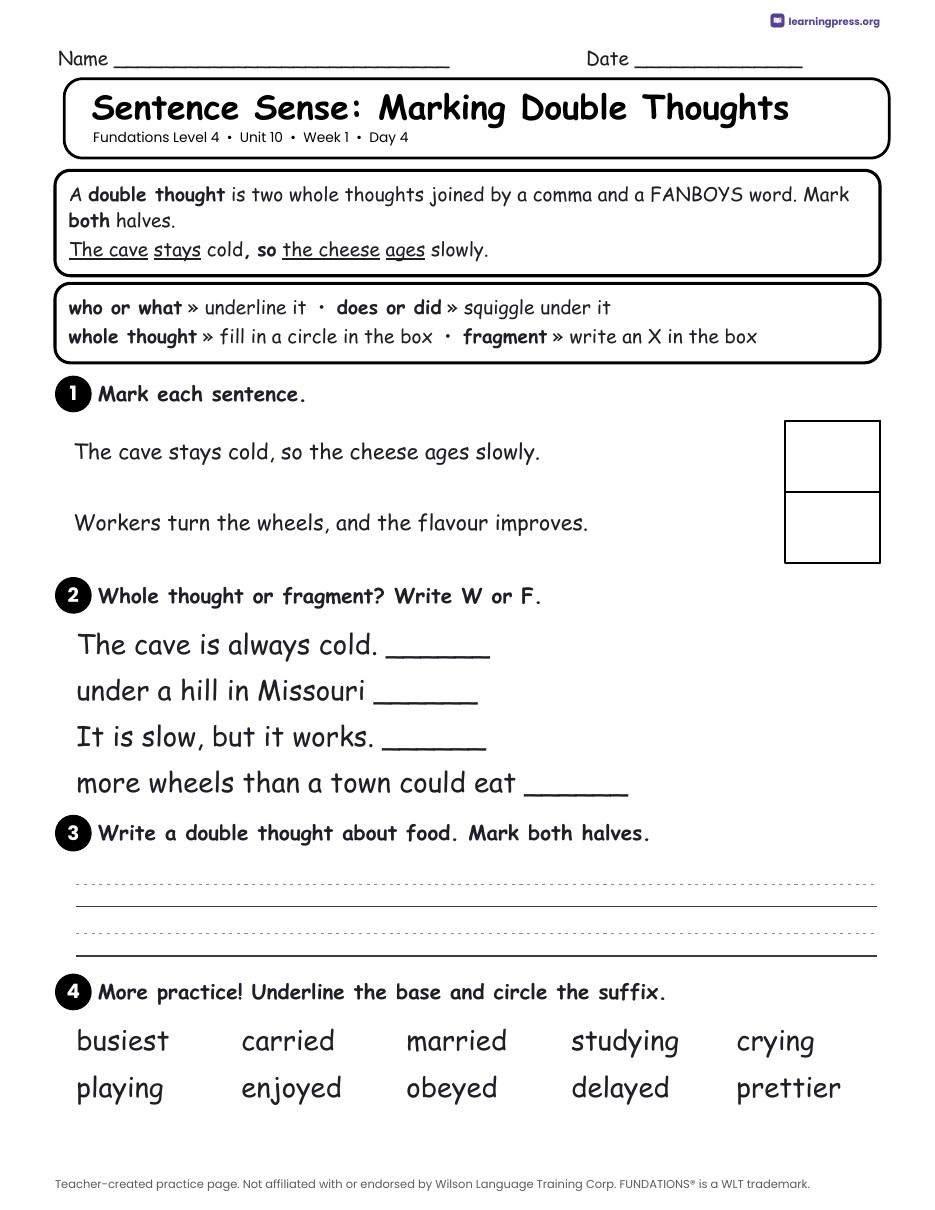 Preview page 2 of Fundations Level 4 Unit 10 Daily Lesson Work Pages