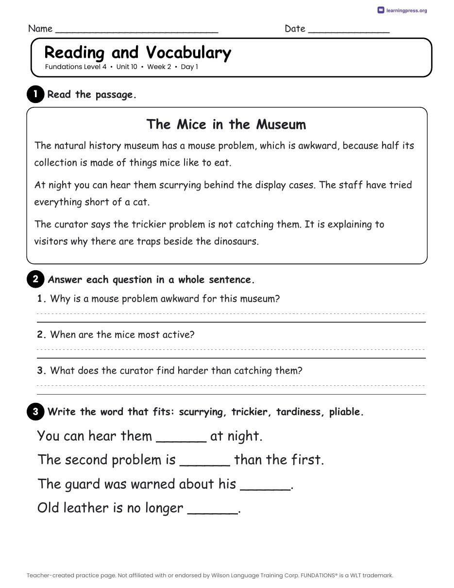 Preview page 3 of Fundations Level 4 Unit 10 Daily Lesson Work Pages