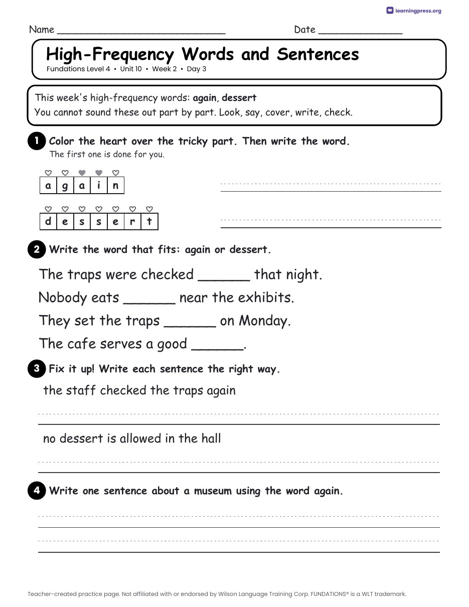 Preview page 4 of Fundations Level 4 Unit 10 Daily Lesson Work Pages