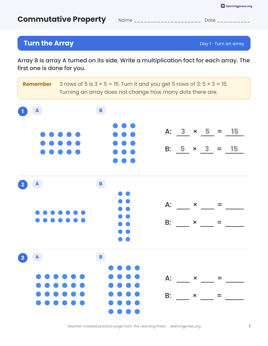 Preview page 1 of Commutative Property of Multiplication Worksheets, Slides & Quiz