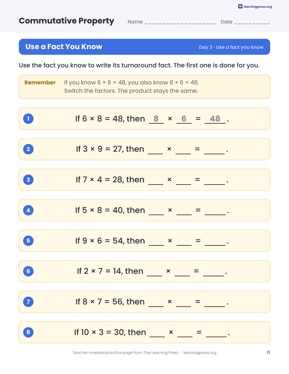 Preview page 3 of Commutative Property of Multiplication Worksheets, Slides & Quiz