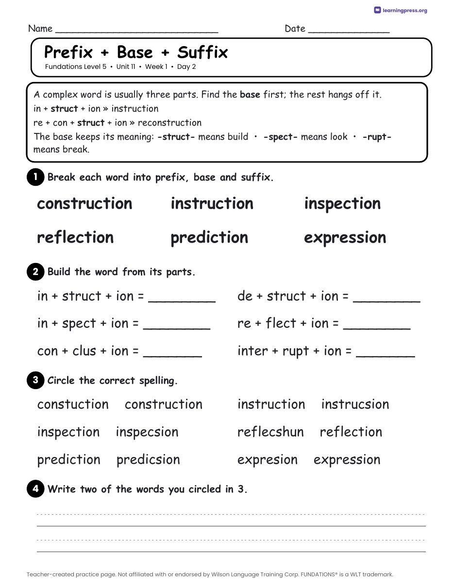 Preview page 1 of Fundations Level 5 Unit 11 Daily Lesson Work Pages