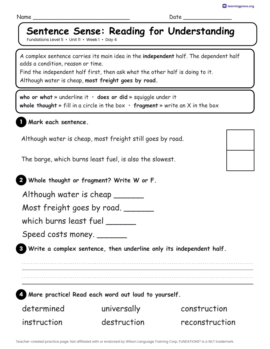 Preview page 2 of Fundations Level 5 Unit 11 Daily Lesson Work Pages