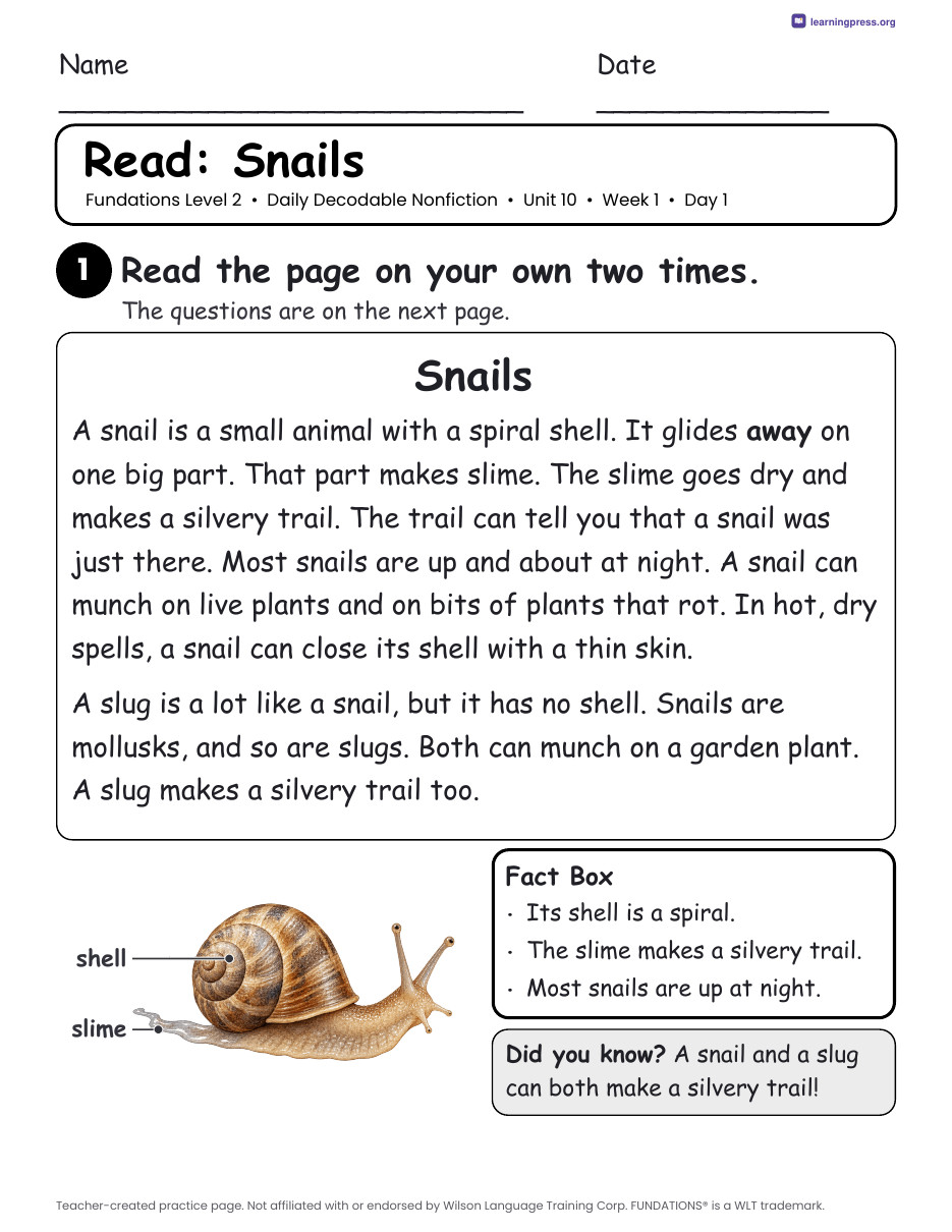 Preview page 1 of Fundations-Aligned Daily Decodable Nonfiction · Level 2 Unit 10