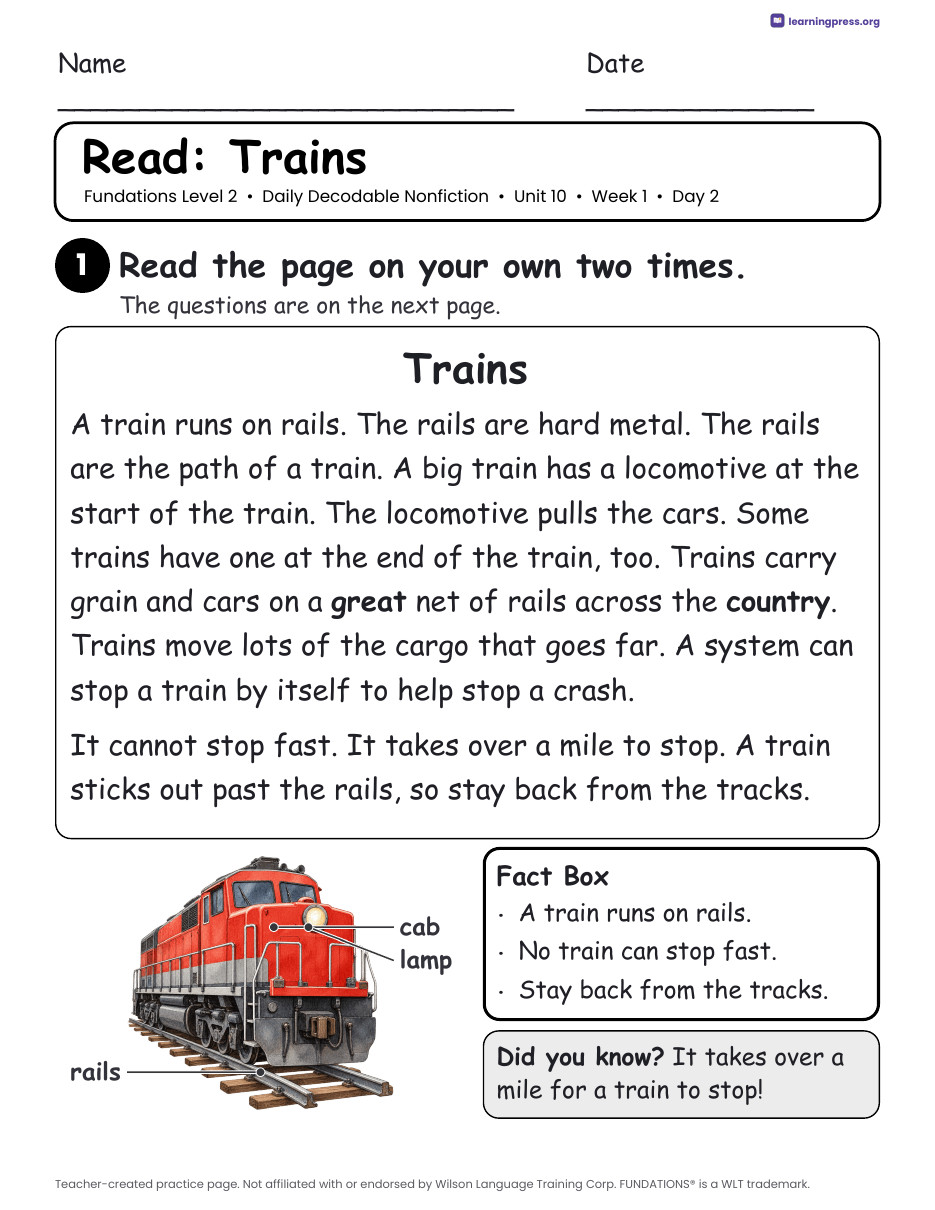 Preview page 3 of Fundations-Aligned Daily Decodable Nonfiction · Level 2 Unit 10