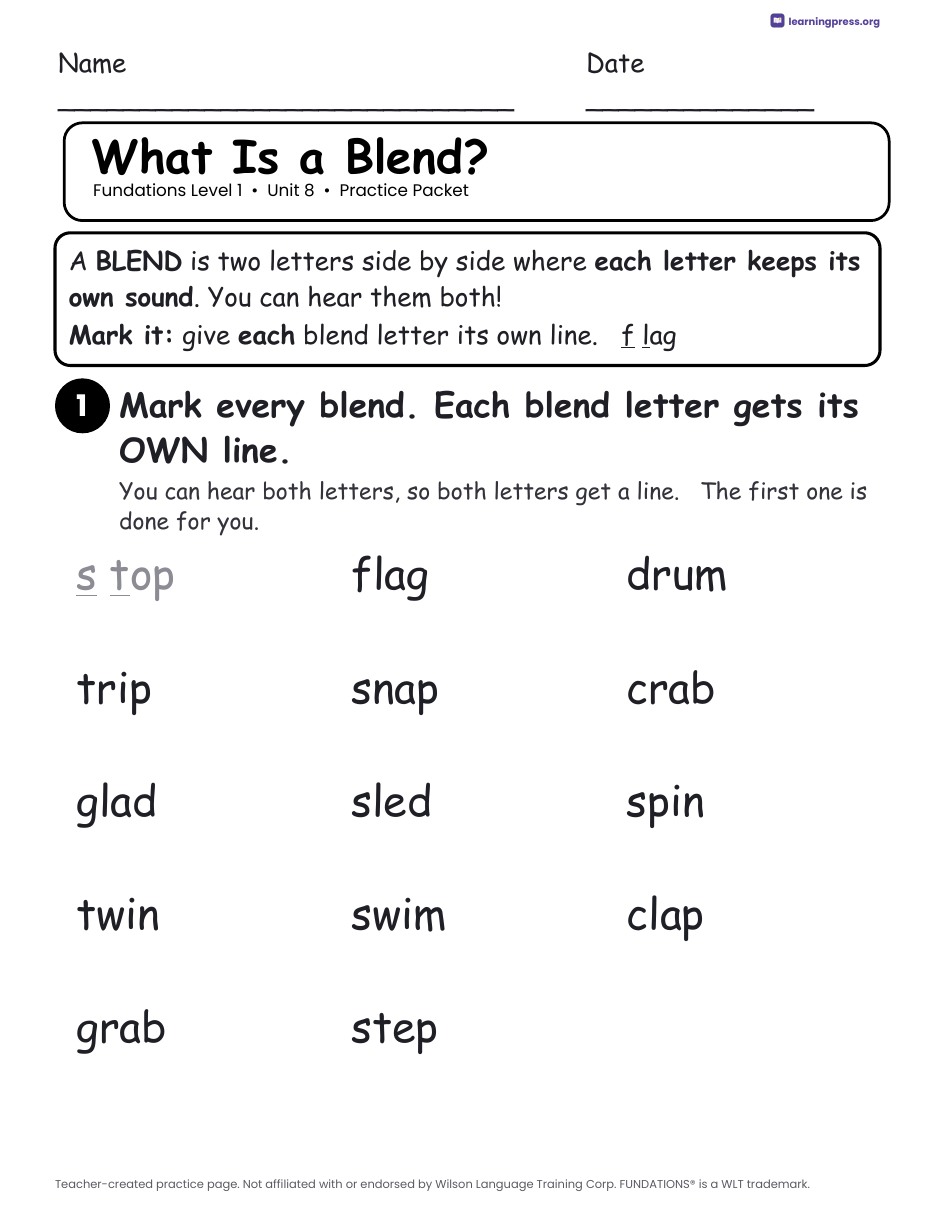 Preview page 1 of Fundations Level 1 Unit 8 Practice Packet