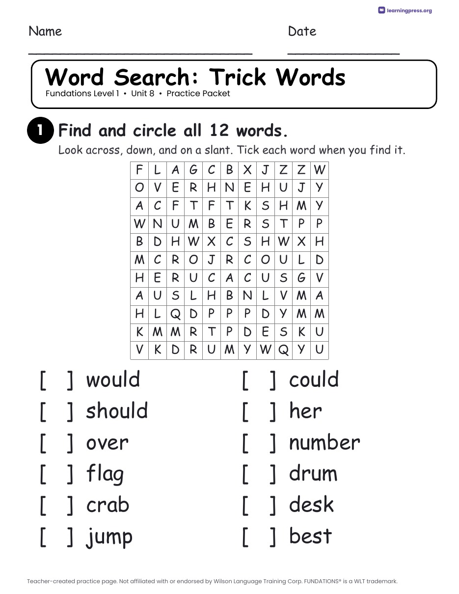 Preview page 3 of Fundations Level 1 Unit 8 Practice Packet