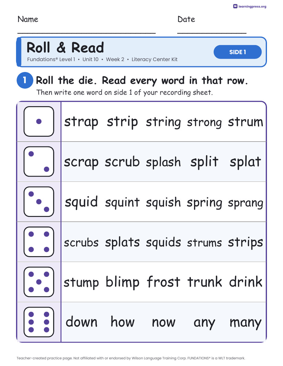 Preview page 1 of Fundations Level 1 Unit 10 Week 2 Literacy Center Kit