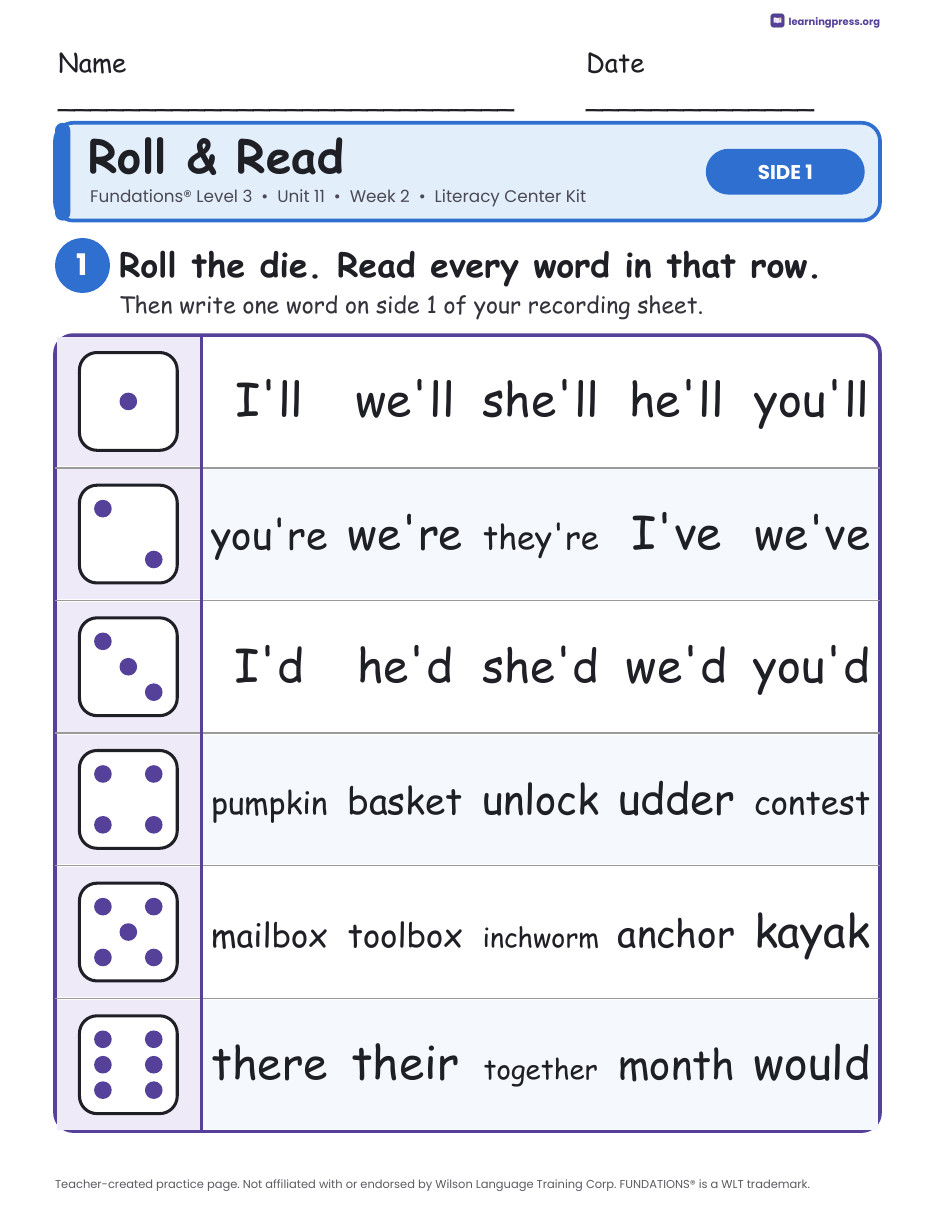 Preview page 1 of Fundations Level 3 Unit 11 Week 2 Literacy Center Kit
