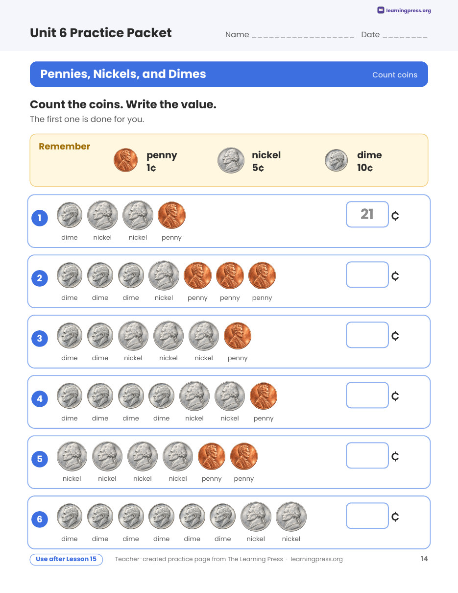 Preview page 3 of Illustrative Math (IM®) Aligned 2nd Grade Unit 6 Practice Packet (Color & B&W)