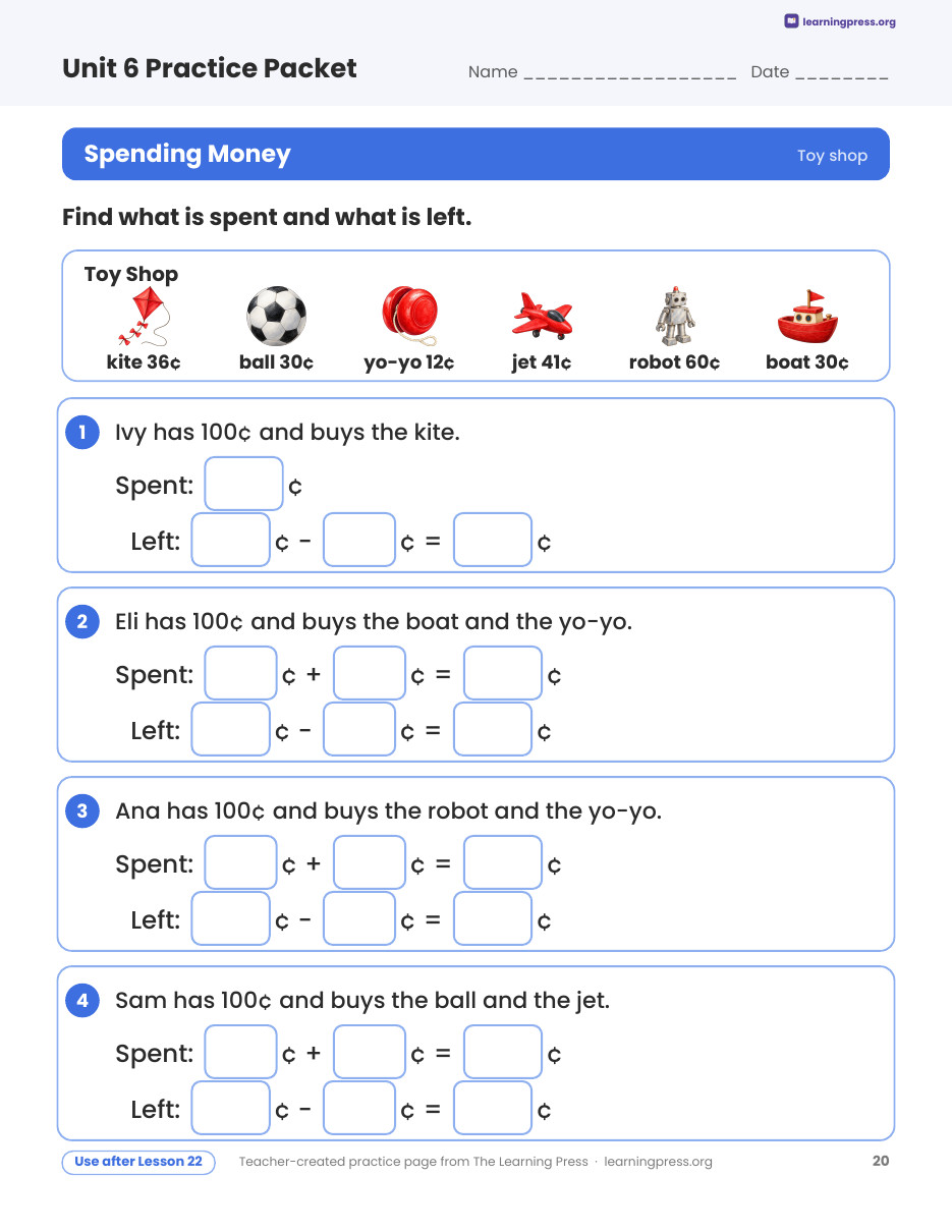 Preview page 4 of Illustrative Math (IM®) Aligned 2nd Grade Unit 6 Practice Packet (Color & B&W)