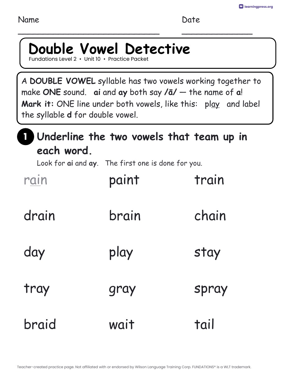 Preview page 1 of Fundations Level 2 Unit 10 Practice Packet