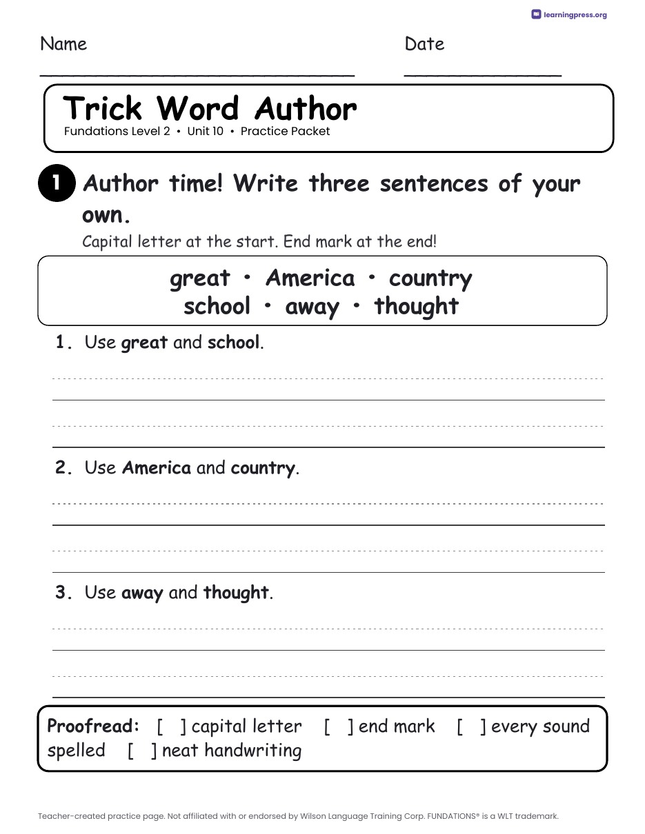 Preview page 3 of Fundations Level 2 Unit 10 Practice Packet