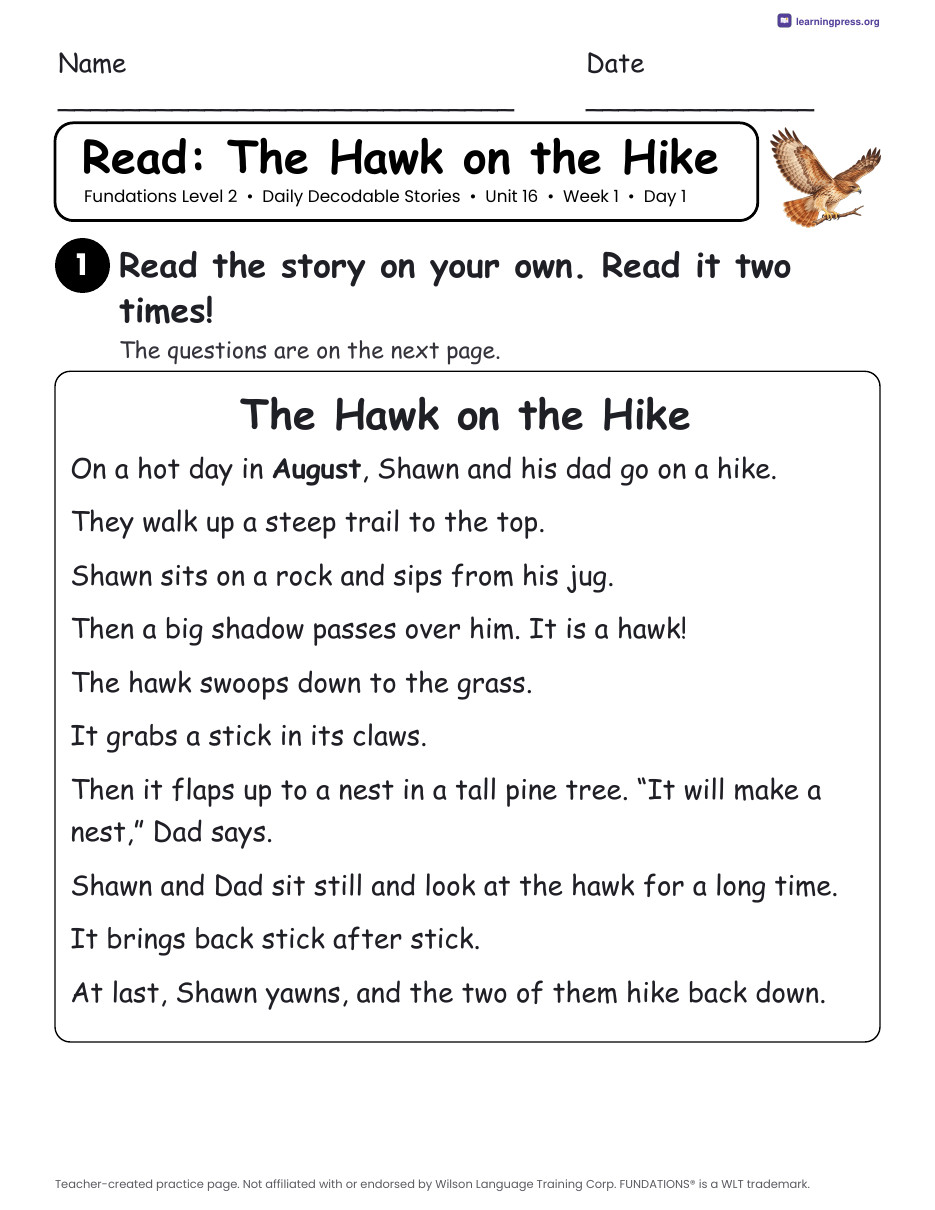 Preview page 1 of Fundations Level 2 Unit 16 Daily Decodable Stories