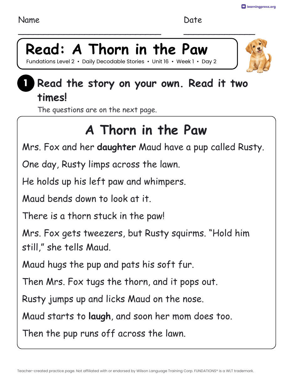 Preview page 2 of Fundations Level 2 Unit 16 Daily Decodable Stories