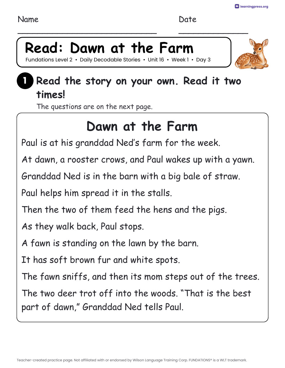 Preview page 3 of Fundations Level 2 Unit 16 Daily Decodable Stories