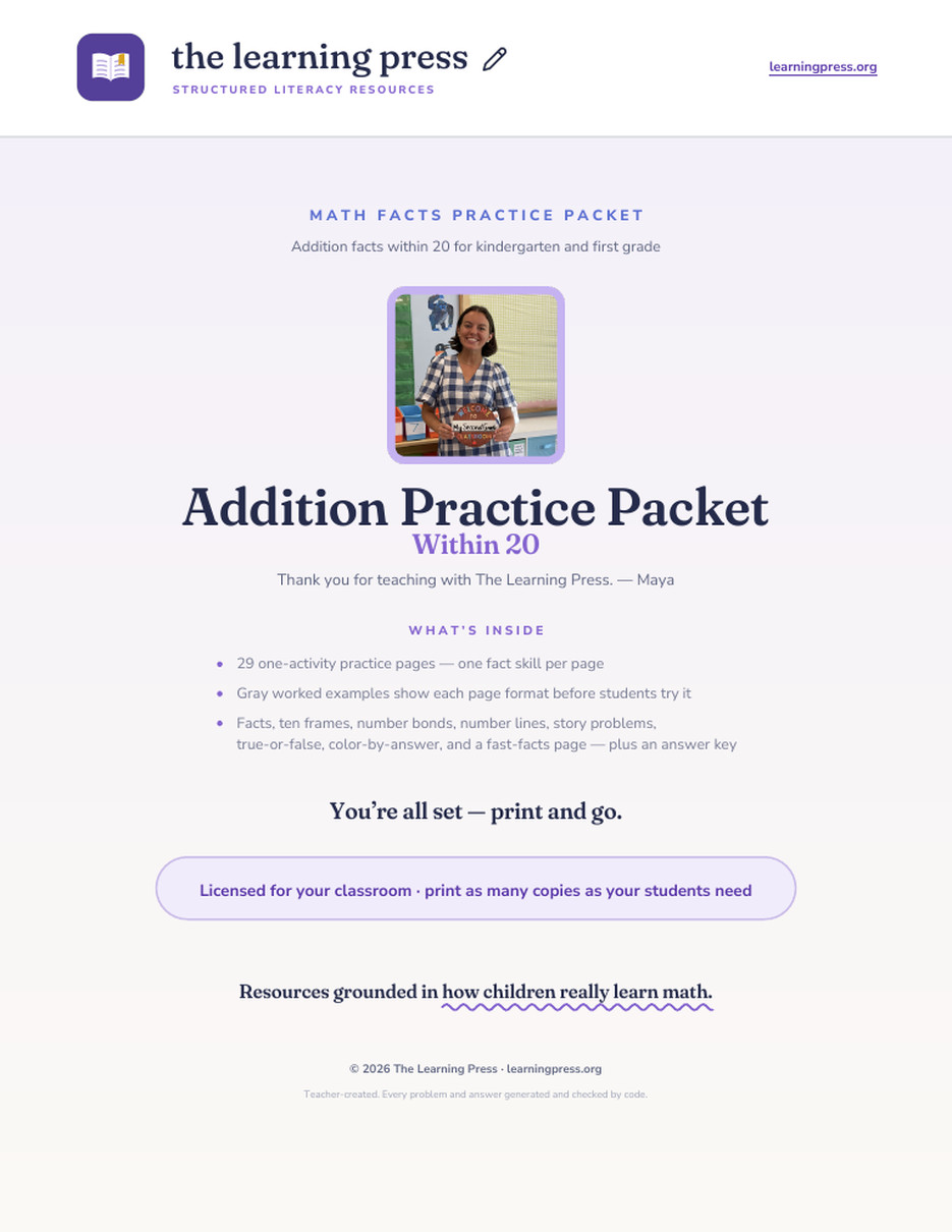 Preview page 1 of Addition Practice Packet · Within 20