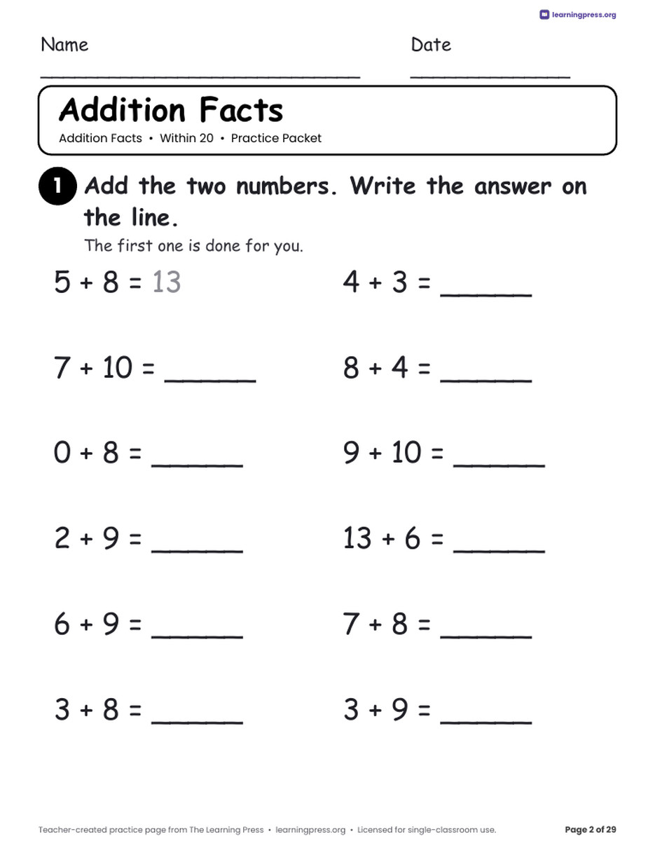 Preview page 2 of Addition Practice Packet · Within 20