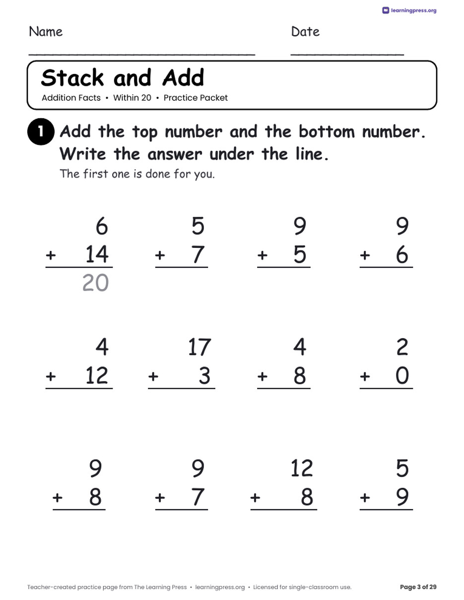 Preview page 3 of Addition Practice Packet · Within 20