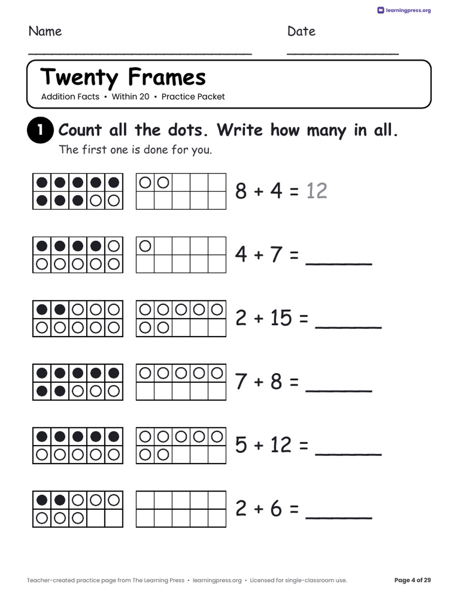 Preview page 4 of Addition Practice Packet · Within 20
