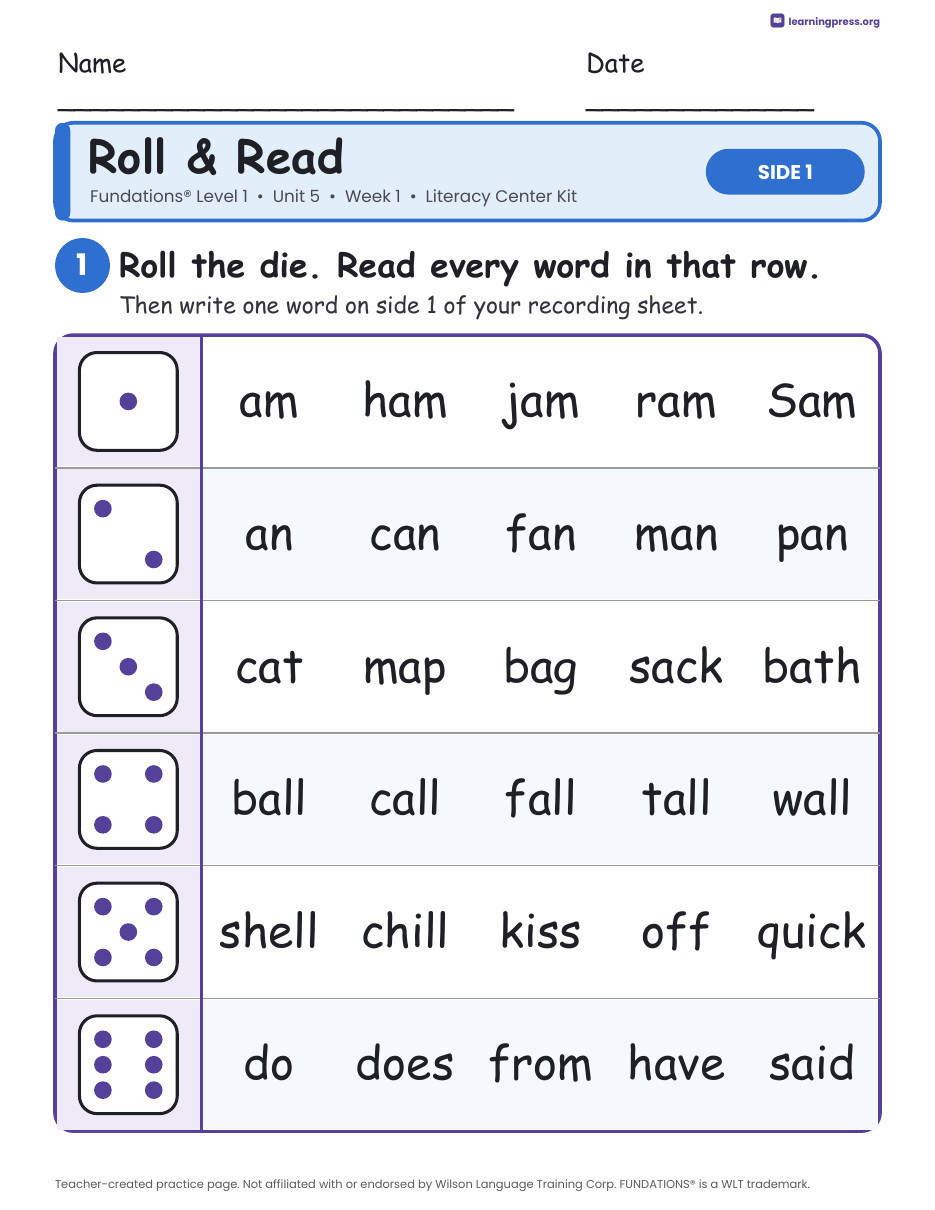 Preview page 1 of Fundations Level 1 Unit 5 Week 1 Literacy Center Kit
