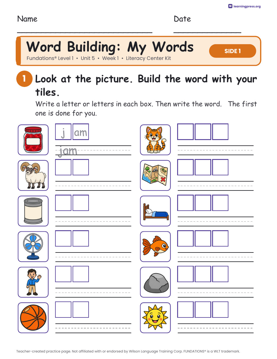 Preview page 2 of Fundations Level 1 Unit 5 Week 1 Literacy Center Kit