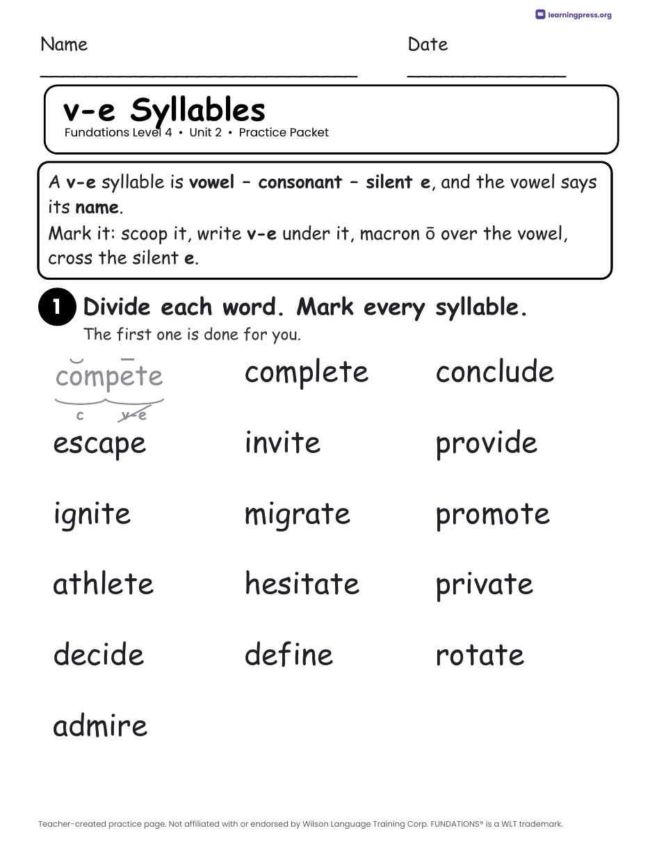 Preview page 1 of Fundations Level 4 Unit 2 Practice Packet
