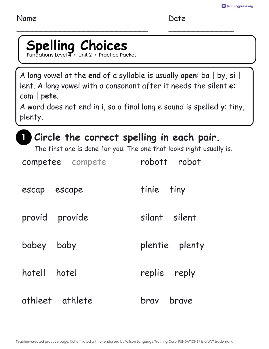 Preview page 2 of Fundations Level 4 Unit 2 Practice Packet