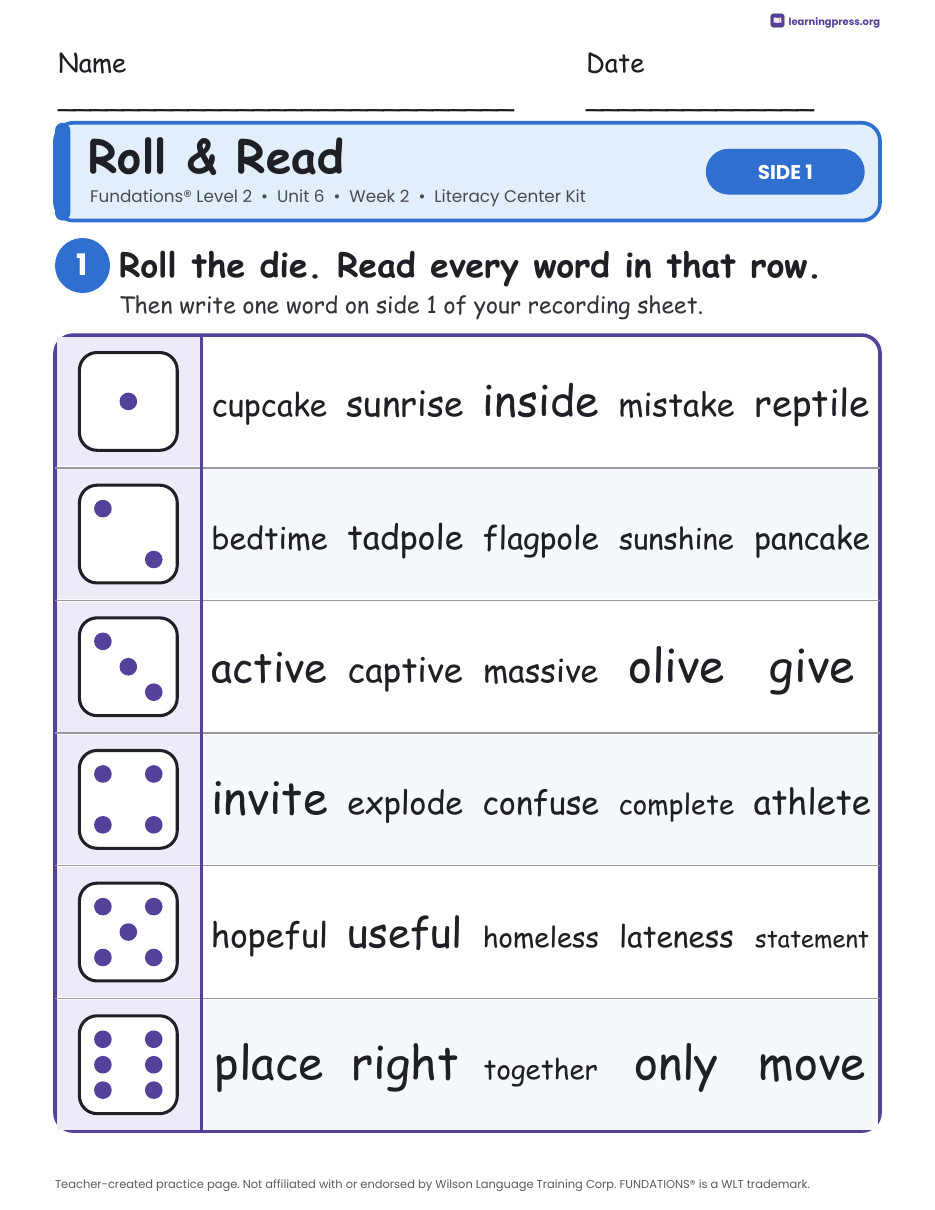 Preview page 1 of Fundations Level 2 Unit 6 Week 2 Literacy Center Kit