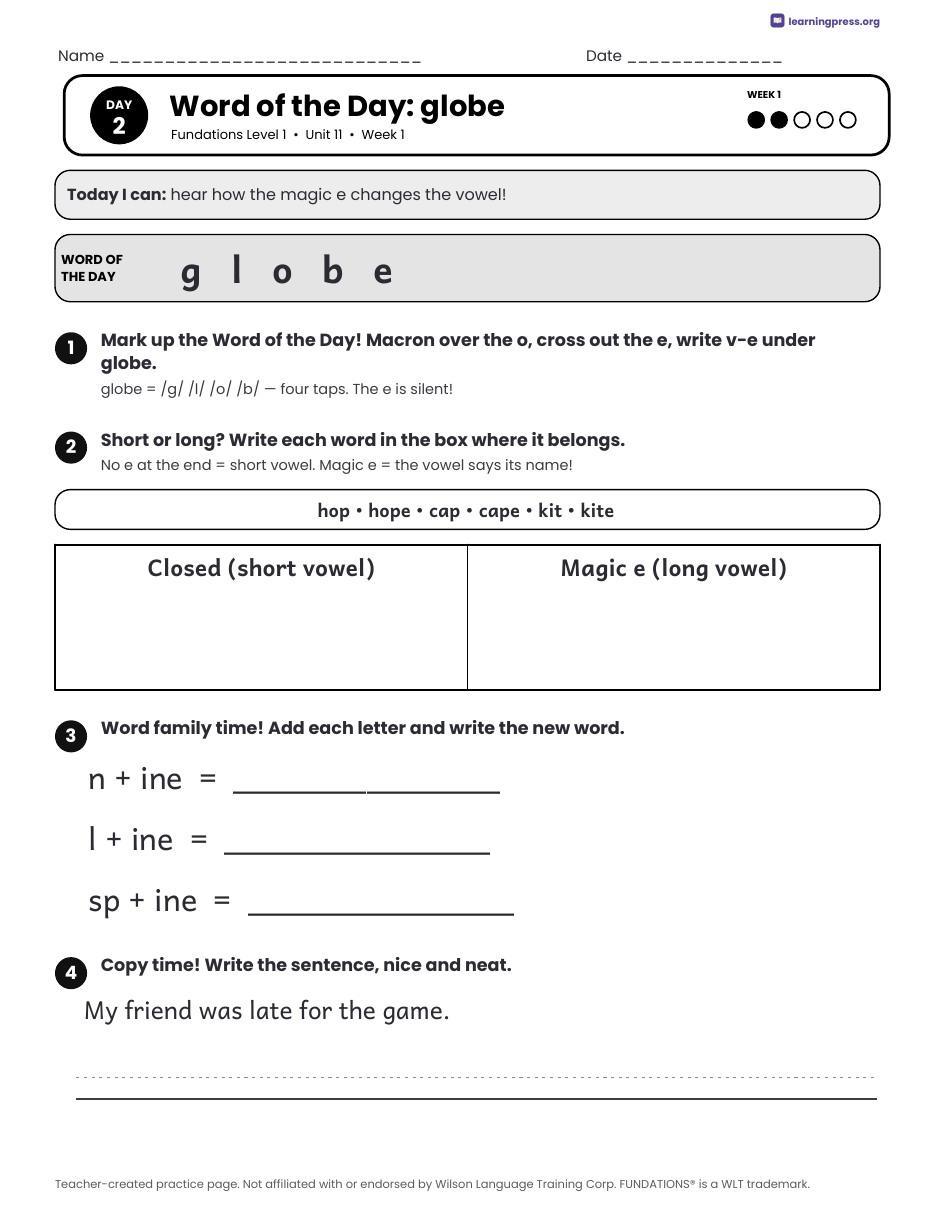 Preview page 1 of Fundations Level 1 Unit 11 Daily Lesson Work Pages
