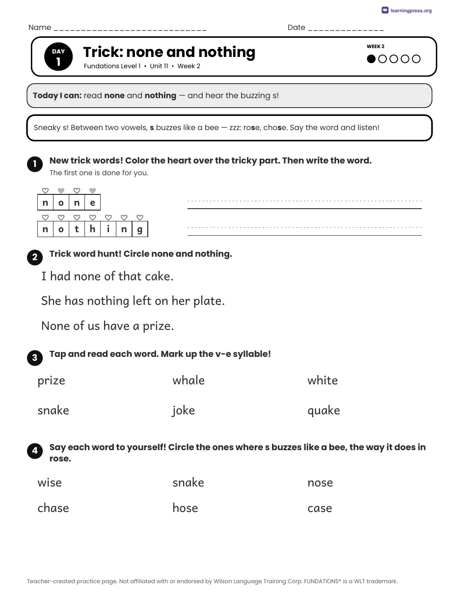 Preview page 2 of Fundations Level 1 Unit 11 Daily Lesson Work Pages