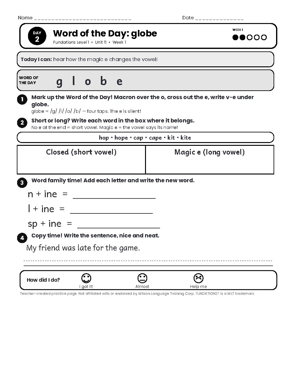 Preview page 3 of Fundations Level 1 Unit 11 Practice Pack