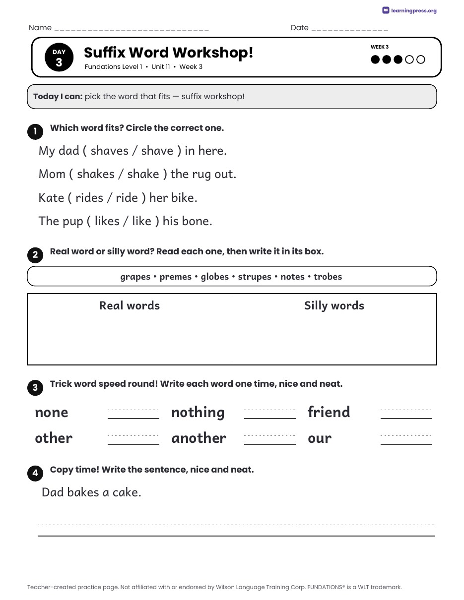 Preview page 4 of Fundations Level 1 Unit 11 Daily Lesson Work Pages