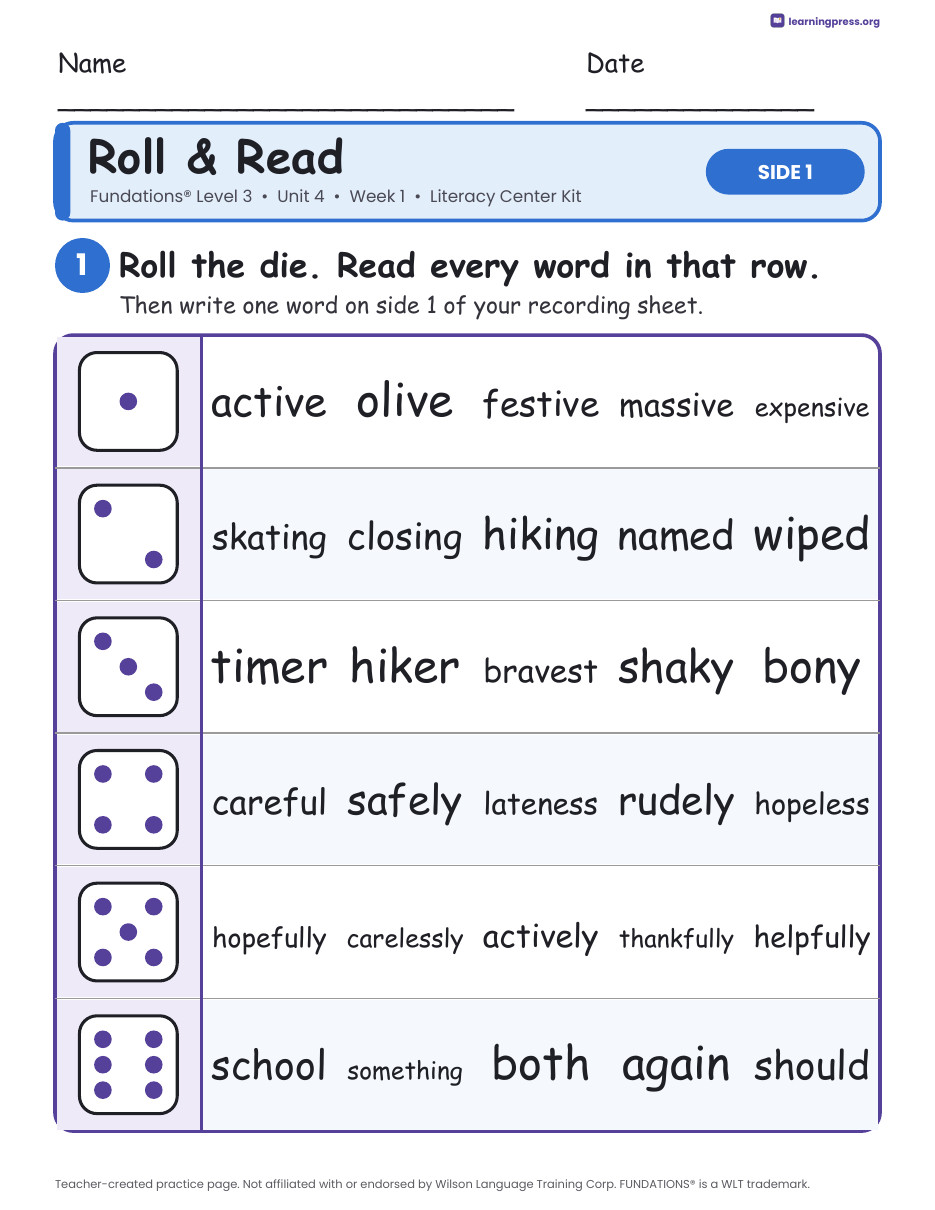 Preview page 1 of Fundations Level 3 Unit 4 Week 1 Literacy Center Kit