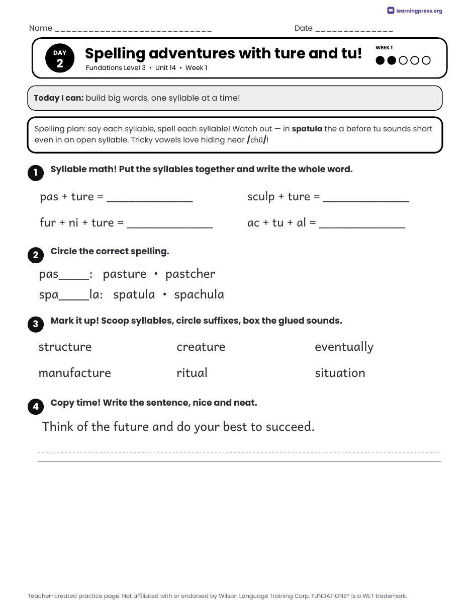 Preview page 1 of Fundations Level 3 Unit 14 Daily Lesson Work Pages
