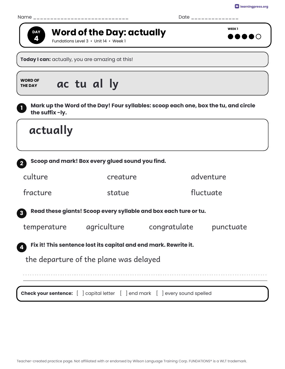 Preview page 2 of Fundations Level 3 Unit 14 Daily Lesson Work Pages