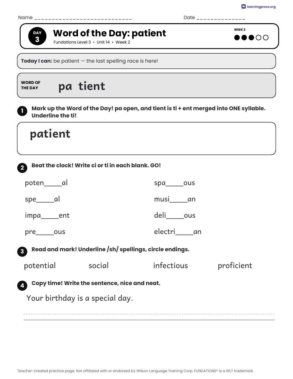 Preview page 4 of Fundations Level 3 Unit 14 Daily Lesson Work Pages